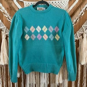 Vintage Davison’s Of Bermuda 100% Cotton Turquoise Argyle Sweater Size Small